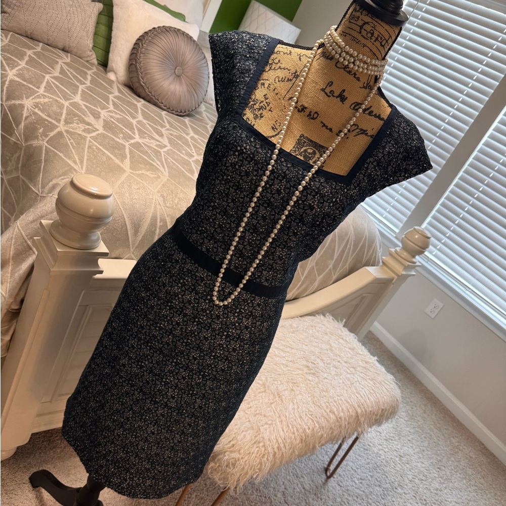 Ann Taylor Navy and White Textured Dress with seductive square neck design.
